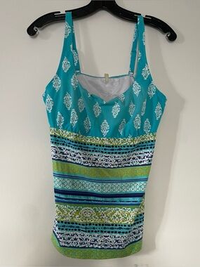 Land's End Tankini Top 12 Blue Green Swimsuit Modest Tummy Control Beach